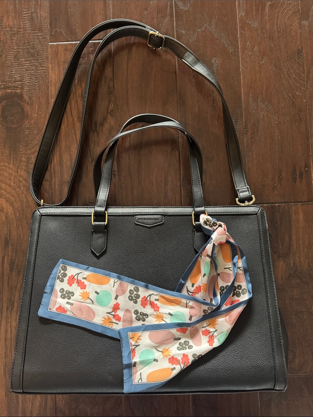 Black Structured Laptop Tote with Floral Accent Scarf